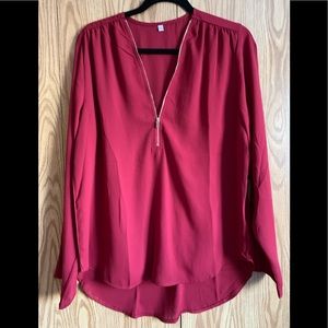 🍉Blouse, long sleeves, zip v-neck, ruching, rounded hem, high low, wine, L NWOT